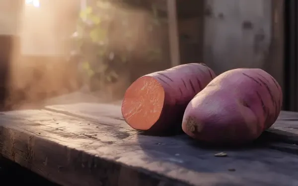 A close-up of fresh sweet potatoes on a wooden surface, with one cut in half, illuminated by warm, natural light, creating a rich and inviting 4K Ultra HD background.