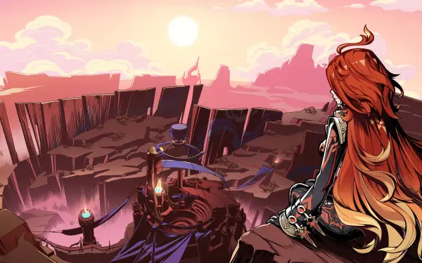 A stunning 4K Ultra HD wallpaper featuring Mavuika from Genshin Impact, overlooking a vibrant landscape at sunset, showcasing the game's captivating art style.