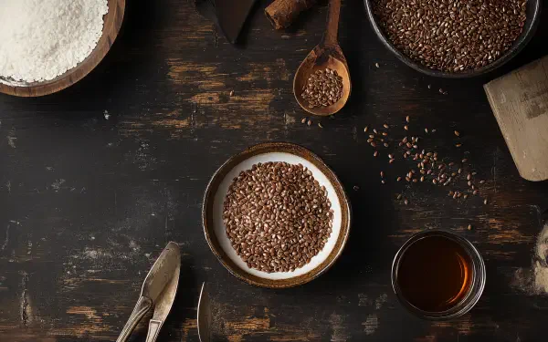 A rustic flat lay featuring bowls of flax seeds, a wooden spoon, and a glass, set against a dark wooden background. This 4K Ultra HD image serves as a desktop wallpaper.