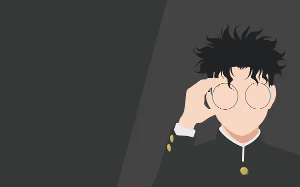 Minimalist 4K Ultra HD anime wallpaper featuring a faceless character from Dandadan with tousled black hair and round glasses, inspired by Ken Takakura's style.