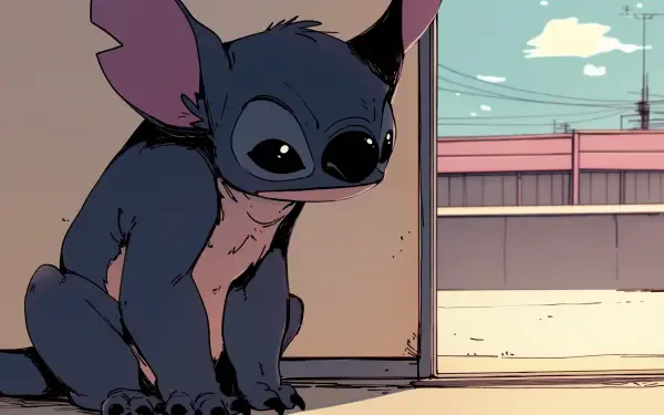 A colorful HD wallpaper featuring Stitch from the TV show Lilo & Stitch, seated near an open door, with a bright sky backdrop.