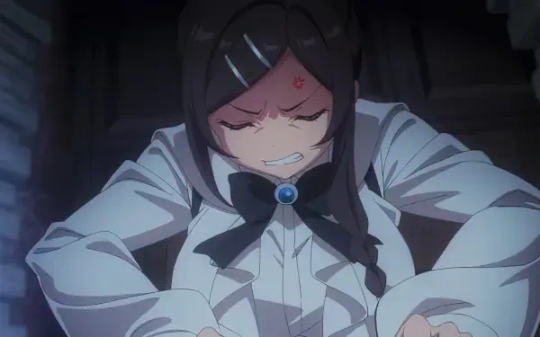 A determined anime character from I May Be a Guild Receptionist But I'll Solo Any Boss to Clock Out on Time, ready to tackle a challenge with fierce determination. HD wallpaper for desktop.