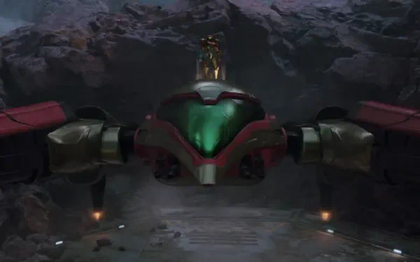 A high-definition desktop wallpaper featuring a futuristic vehicle and character from the video game Metroid Prime 4: Beyond, set against a dramatic rocky backdrop.