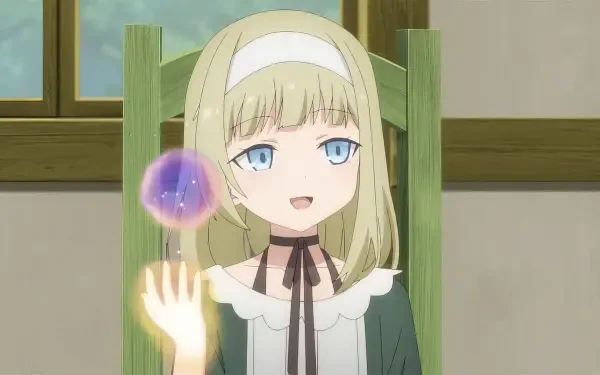 A character from Magic Maker: Isekai Mahou no Tsukurikata showcases magic while sitting in a wooden chair, surrounded by a cozy interior, perfect for an anime HD desktop wallpaper.