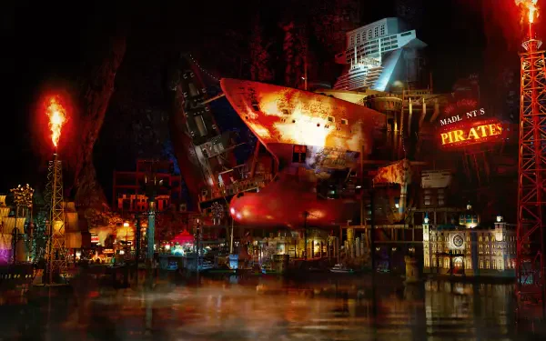 HD wallpaper depicting a vibrant scene from the video game Like a Dragon: Pirate Yakuza, featuring a striking pirate ship illuminated by colorful lights in a lively Hawaiian setting.