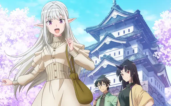 HD anime wallpaper featuring Mariabelle from Welcome to Japan Ms. Elf! by Kazuhiro Kitase, standing in front of a traditional Japanese castle with cherry blossoms in the background.