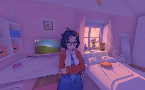 A 4K Ultra HD PC desktop wallpaper by MiSide featuring a cozy, softly lit bedroom with a character standing near a desk and bed under warm window light.