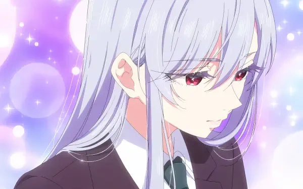 A close-up of an anime character from The 100 Girlfriends Who Really Really Really Really Really Love You, featuring long gray hair and red eyes against a vibrant, colorful background.