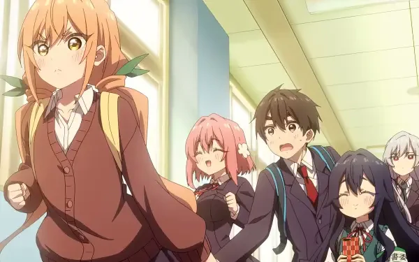 A colorful scene from The 100 Girlfriends Who Really Really Really Really Really Love You, depicting a group of students in a hallway, showcasing vibrant anime character designs.