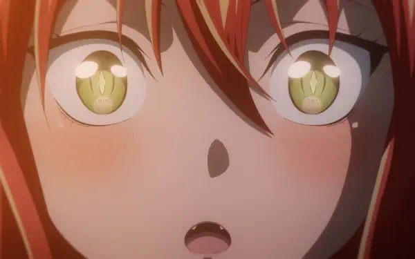 Close-up of a surprised anime character with red hair and golden eyes from Headhunted to Another World, featured as an HD PC desktop wallpaper.