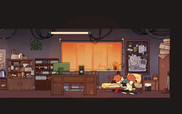 A cozy scene from the video game *Threefold Recital*, featuring two characters in a warmly lit room filled with books, a desk, and a window showcasing a glowing sunset.