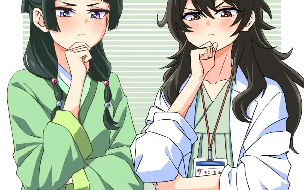 HD anime desktop wallpaper featuring two contemplative characters from The Apothecary Diaries by Takao Ameku, blending themes from Maomao and Ameku M.D.: Doctor Detective.