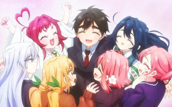 A vibrant HD wallpaper from The 100 Girlfriends Who Really Really Really Really Really Love You, featuring joyful characters surrounding a smiling protagonist in an affectionate embrace.