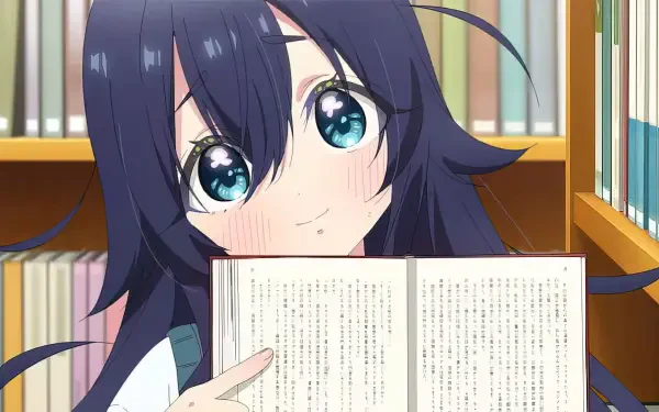 Anime scene from The 100 Girlfriends Who Really Really Really Really Really Love You, featuring a girl with blue eyes happily reading in a cozy library setting. HD desktop wallpaper.