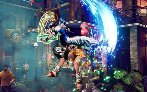 An action-packed scene from the video game Fatal Fury: City of the Wolves, showcasing a dynamic character move against a vibrant urban backdrop in this HD PC desktop wallpaper.