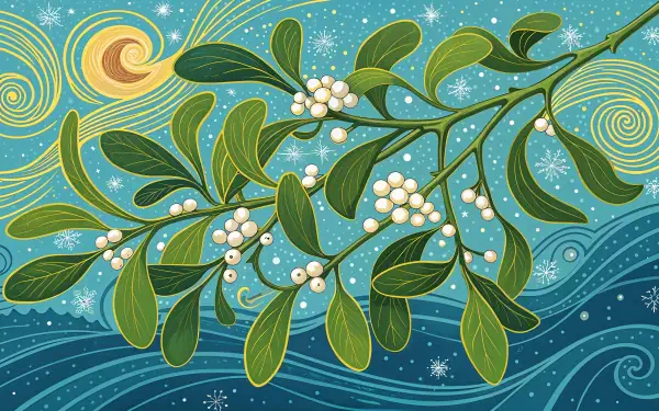 A vibrant illustration featuring mistletoe with green leaves and white berries against a swirling blue background, designed as a 4K Ultra HD PC desktop wallpaper.