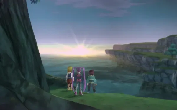 A serene landscape from *Tales of Graces f Remastered*, featuring characters overlooking a tranquil sea and distant cliffs, captured in stunning 4K Ultra HD.
