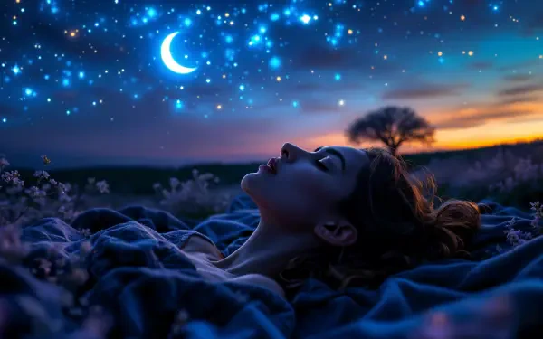 A serene scene of a person gazing at a starry sky, with a crescent moon illuminating the night, perfect for stargazing. A stunning 4K Ultra HD desktop wallpaper.