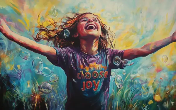 A joyful girl in a vibrant scene, wearing a shirt that reads Choose Joy, with arms wide open, surrounded by bubbles and colorful, lush surroundings. An uplifting HD desktop wallpaper.