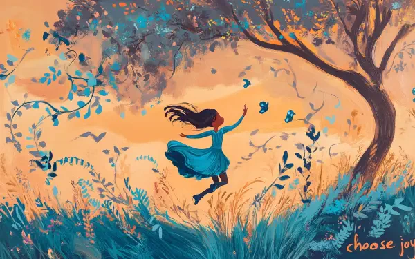 A vibrant HD desktop wallpaper featuring a girl dancing joyfully in a lush, colorful landscape, surrounded by nature and butterflies, embodying the theme Choose Joy.