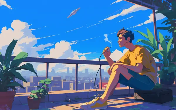 A serene anime-inspired scene depicting a young person on a terrace, enjoying a moment of peace while surrounded by lush plants and a vibrant city skyline under a bright blue sky.
