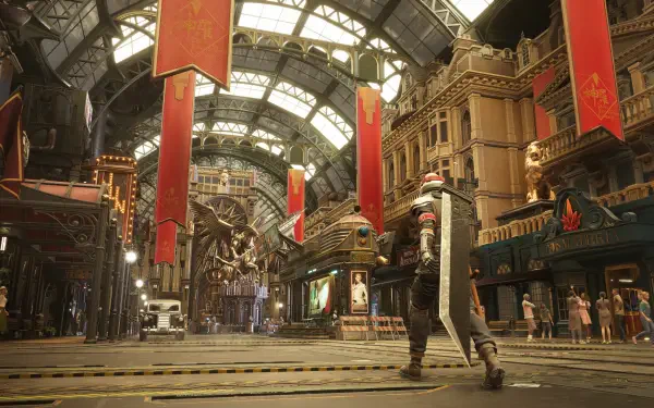 A stunning 4K Ultra HD wallpaper from Final Fantasy VII Rebirth, showcasing a detailed cityscape with vibrant banners and intricate architecture.