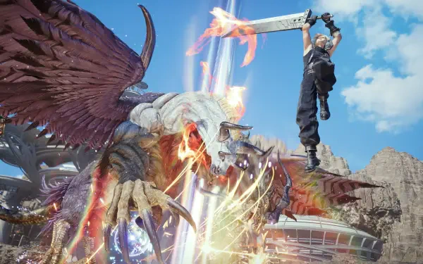 A dynamic scene from Final Fantasy VII Rebirth featuring Cloud Strife wielding his iconic sword against a fierce creature, set against a stunning backdrop in 4K Ultra HD.