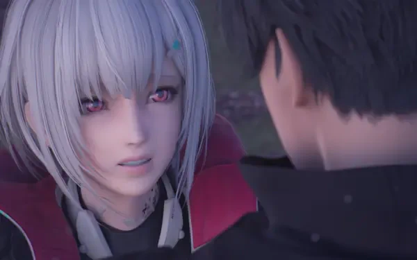 A character from the video game SYNDUALITY Echo of Ada, with silver hair and striking features, engages in an intense moment with another character in this HD PC desktop wallpaper.