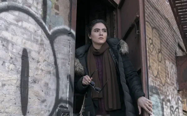 A scene from the TV show The Night Agent, featuring Arienne Mandi standing in a doorway, holding glasses, against a backdrop of graffiti, captured in an HD wallpaper format.
