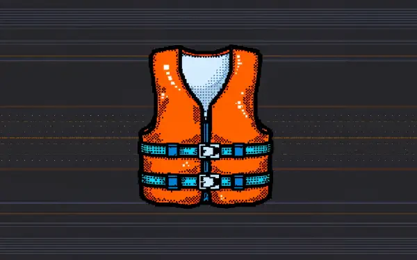 A vibrant cartoon-style orange life jacket, featuring blue straps, set against a sleek black background. This image serves as a striking 4K Ultra HD desktop wallpaper.