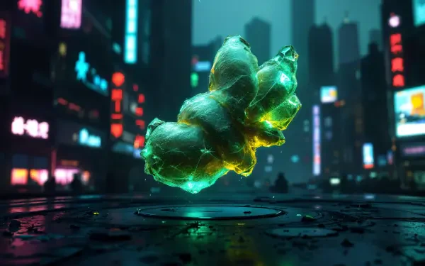 A vibrant, futuristic scene featuring a glowing, ginger-colored abstract shape, set against a backdrop of illuminated city buildings in a moody, neon-lit atmosphere. 4K Ultra HD wallpaper.