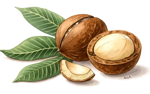 A beautifully illustrated arrangement of macadamia nuts and green leaves, presented as a vibrant 4K Ultra HD PC desktop wallpaper and background.