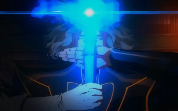 A captivating 4K Ultra HD anime wallpaper featuring a character from Castlevania, wielding a glowing blue light amidst a dramatic backdrop.