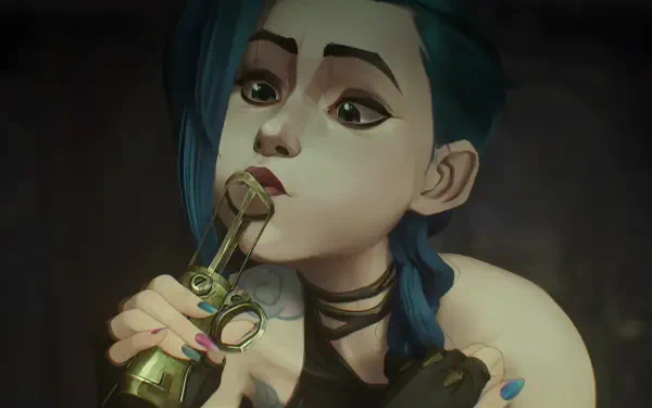 A 4K Ultra HD wallpaper featuring Jinx from the TV show Arcane, showcasing her playful yet edgy personality while holding a gun and embodying the vibrant art style of League of Legends.