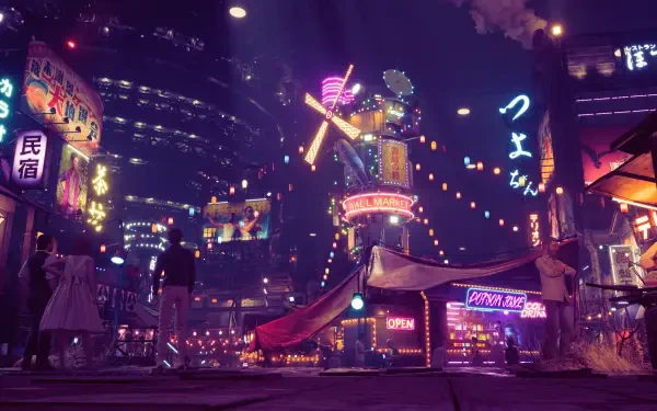 A vibrant scene from Final Fantasy VII Remake, showcasing a bustling neon-lit street filled with colorful lights and signage, perfect as a HD PC desktop wallpaper.