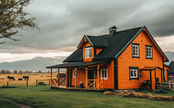 A vibrant orange farmhouse stands against a dramatic sky, surrounded by open fields and distant mountains, captured in stunning 4K Ultra HD for a captivating desktop wallpaper.