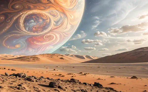 A stunning desert planet scene featuring vast sandy dunes under a dramatic sky, with a large, colorful planetary body looming above, captured in vibrant 4K Ultra HD.