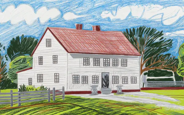 A vibrant illustration of a farmhouse, featuring a white exterior and red roof, set against a blue sky with fluffy clouds and green surroundings, designed as a 4K Ultra HD desktop wallpaper.