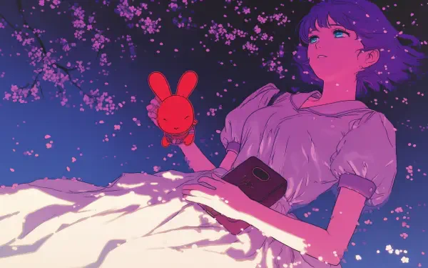 A retro anime-themed wallpaper featuring a purple-haired girl lying in a dreamy landscape, holding a red bunny toy amidst blooming flowers. HD quality enhances the vibrant colors.