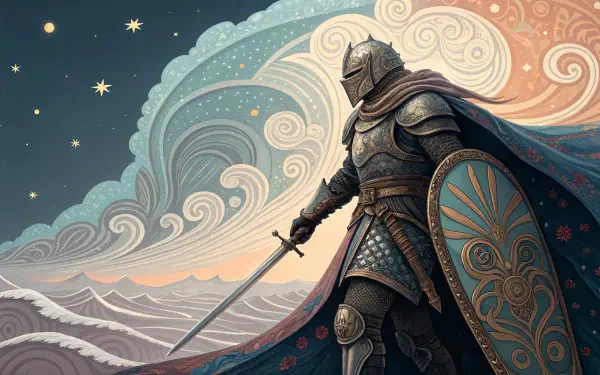 A medieval knight stands with sword drawn and shield at the ready, set against a beautifully illustrated sky of swirling clouds and stars in this 4K Ultra HD wallpaper.