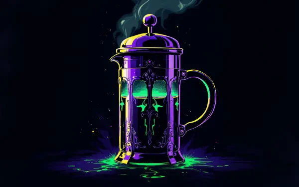 A neon-lit purple French press emits steam, set against a dark background in a vibrant 4K Ultra HD coffee-themed desktop wallpaper.