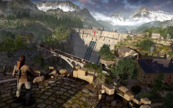 A scenic 4K Ultra HD wallpaper from Sniper Elite: Resistance, showcasing a soldier overlooking a dam surrounded by mountains and lush greenery under a dramatic sky.