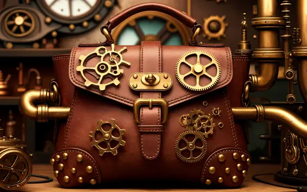 A detailed steampunk handbag with gears and studs, set against a backdrop of ornate machinery, captured in vibrant colors for a 4K Ultra HD PC desktop wallpaper.