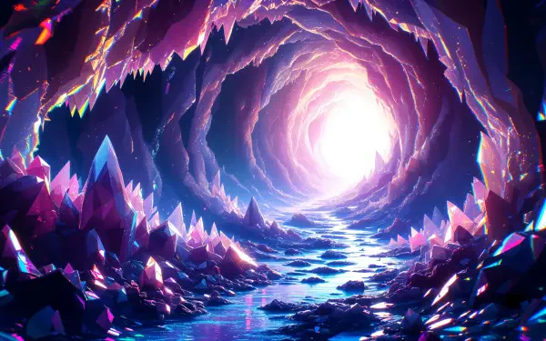 A stunning crystal cave features vibrant, shimmering crystals and a reflective water surface, illuminated by a glowing light at the center, presented in 4K Ultra HD quality.