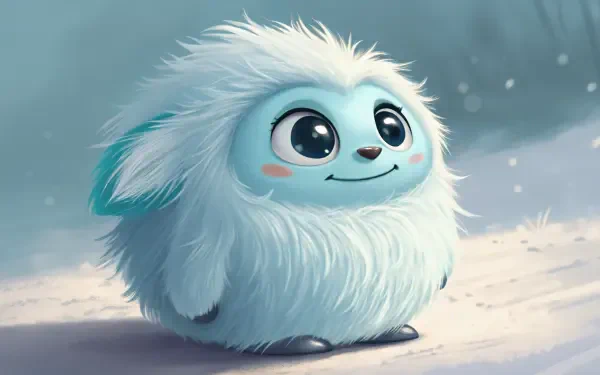 A cute and fluffy creature with big eyes and soft, blue fur stands on a snowy surface, creating a whimsical and inviting atmosphere, perfect for a 4K Ultra HD desktop wallpaper.