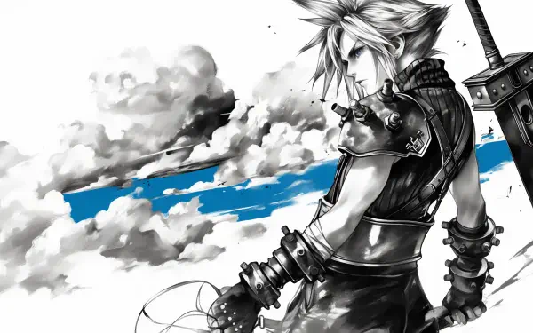 HD wallpaper featuring Cloud Strife from Final Fantasy, showcasing dynamic clouds and blue accents against a striking monochrome background. Perfect for gaming enthusiasts.