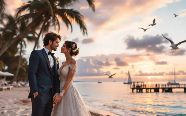A romantic couple stands on a beach at sunset, surrounded by palm trees and flying birds, capturing a serene honeymoon moment in a stunning 4K Ultra HD background.