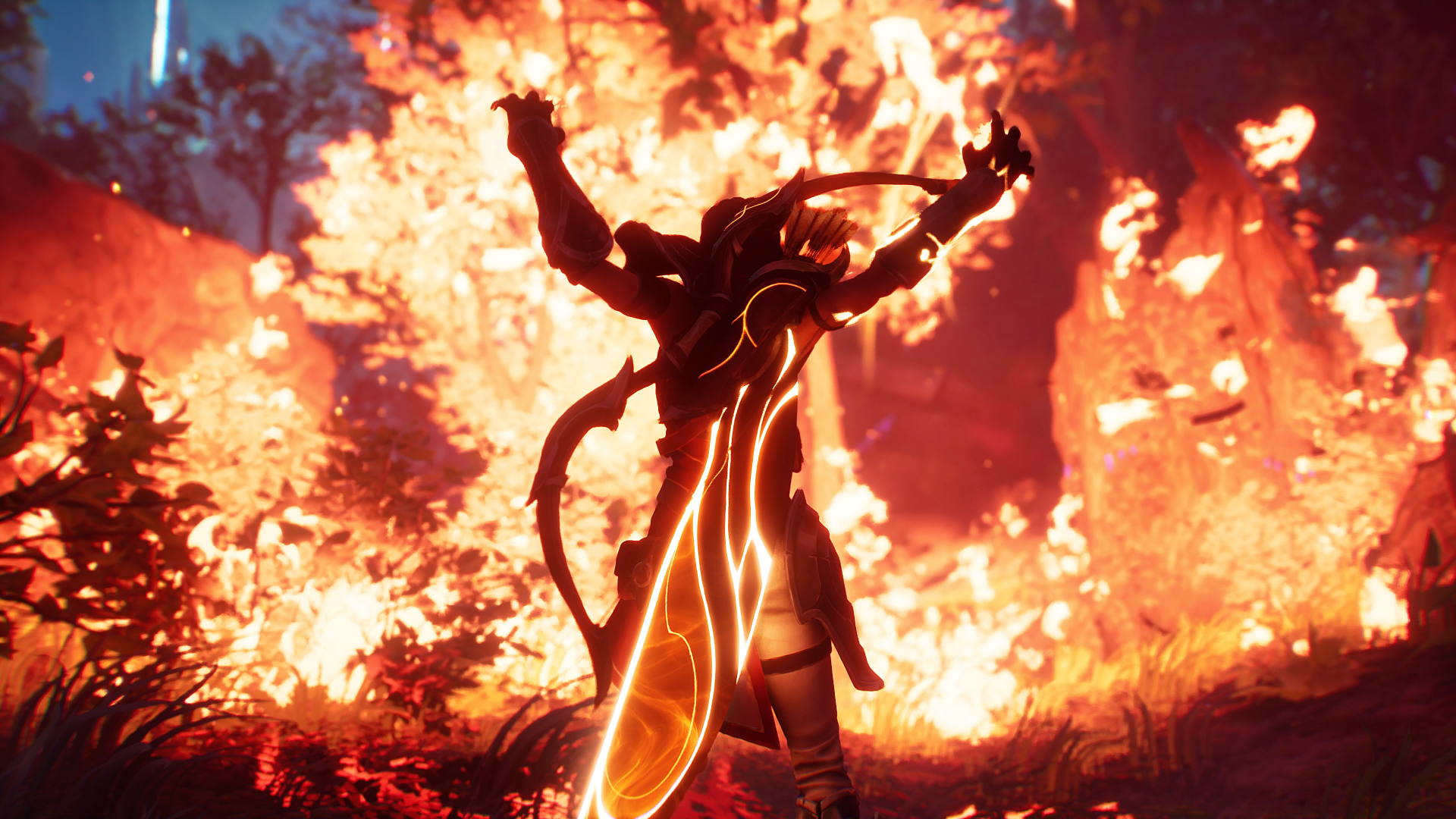 A dramatic scene from the video game *Eternal Strands*, showcasing a character in silhouette against a backdrop of vibrant flames, set in striking 4K Ultra HD.