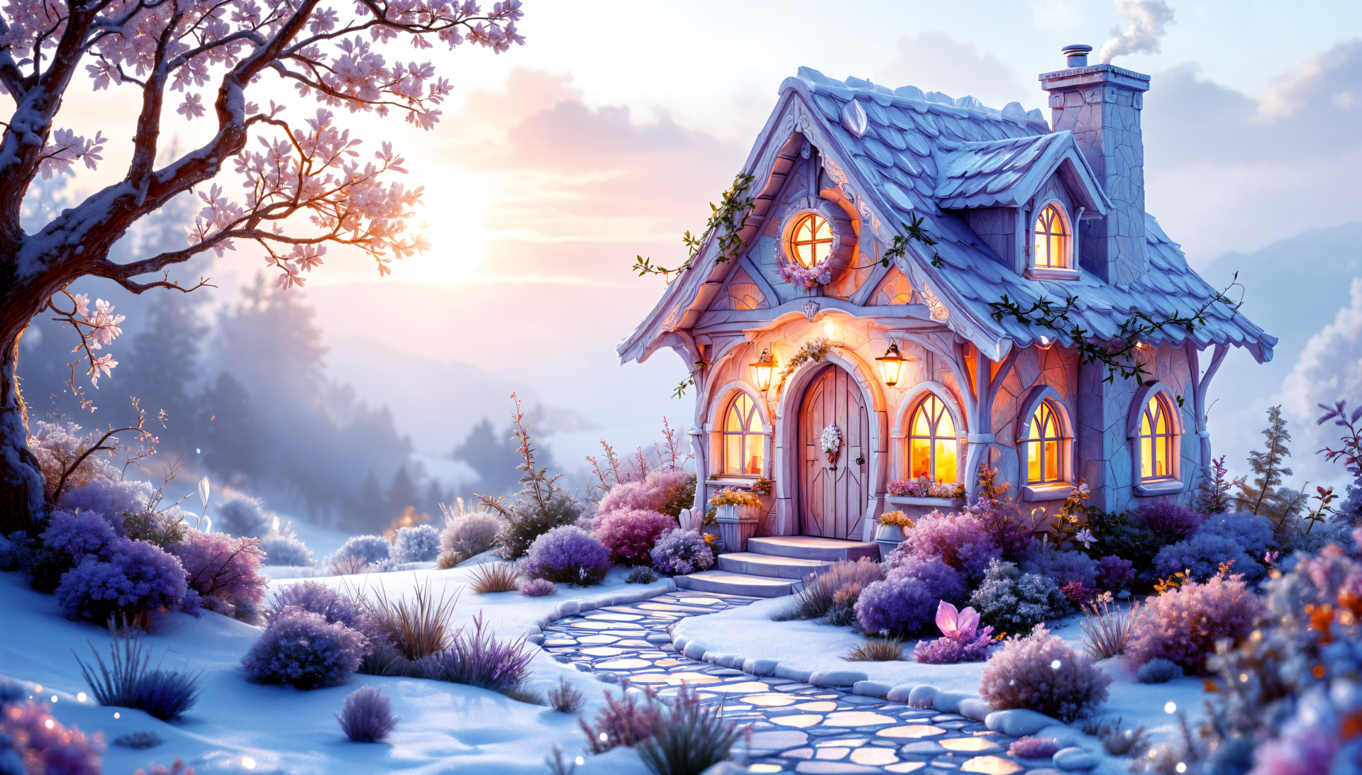 A cozy cottage nestled in a snowy winter landscape, glowing warmly as the sun sets, captured in stunning 4K Ultra HD for a serene PC desktop wallpaper.