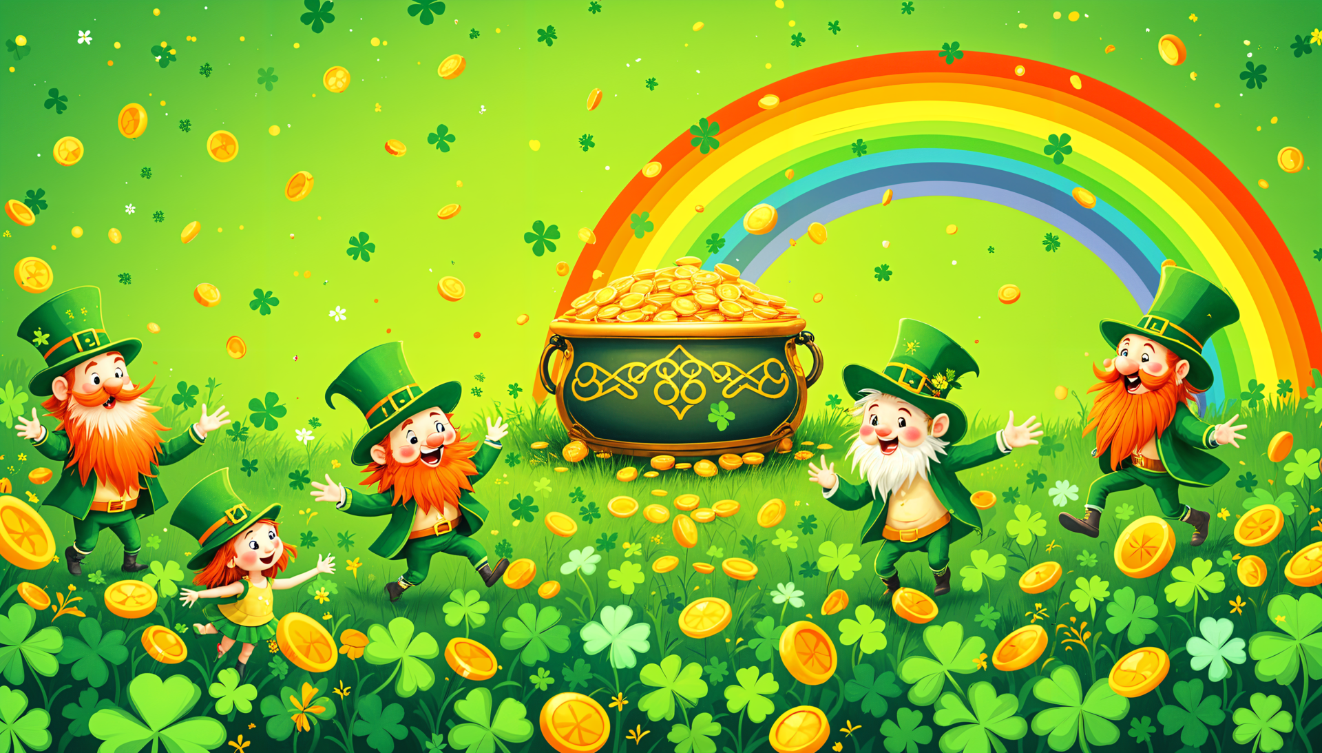A vibrant St. Patrick's Day scene featuring cheerful leprechauns, a pot of gold, and a rainbow, set against a lively green background adorned with shamrocks and gold coins.